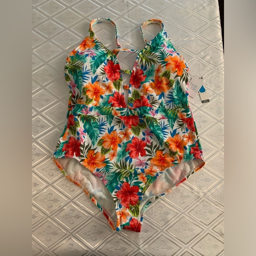 Time and Tru Floral One Piece Swimsuit - Red, Orange, Green